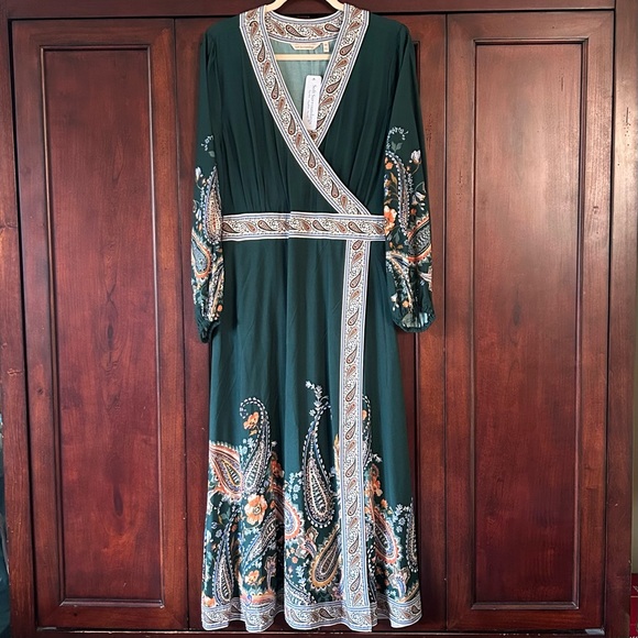 NWT Soft Surroundings Petite XL Green Long Sleeve Faux Wrap Rayon Maxi Dress - Picture 1 of 16